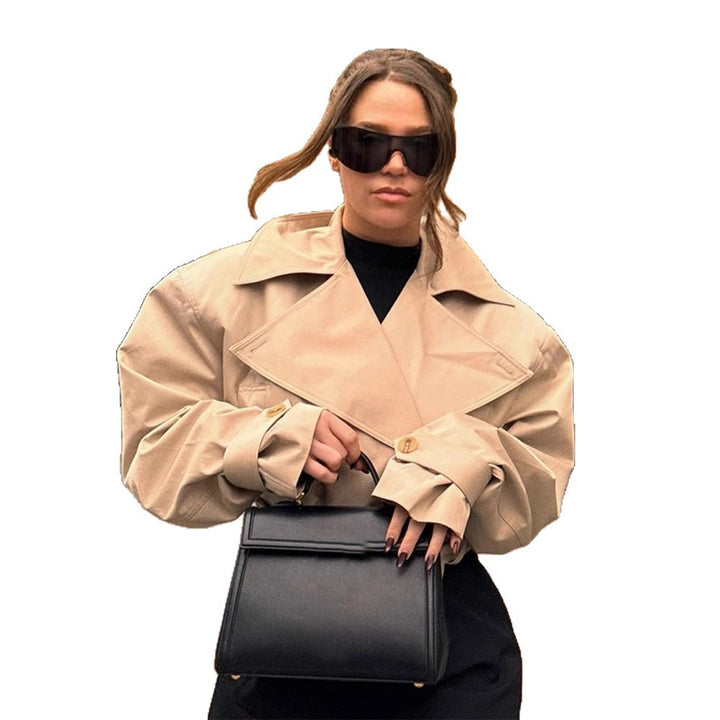 Damen Cropped Trenchcoat mit breitem Revers und Taillengürtel Drune