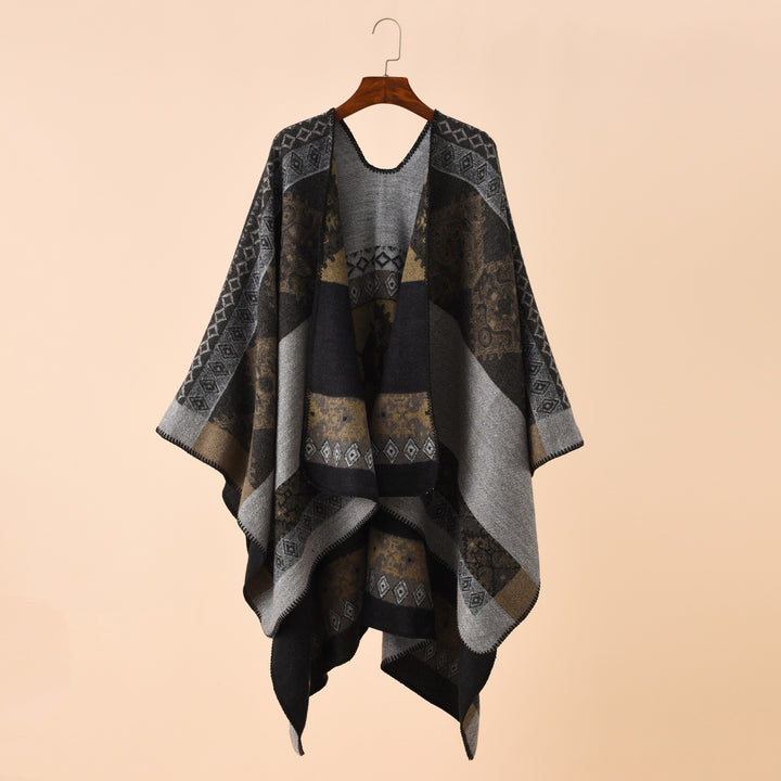 Damen Modischer Poncho mit kunstvollem Muster und fransigen Kanten Drune