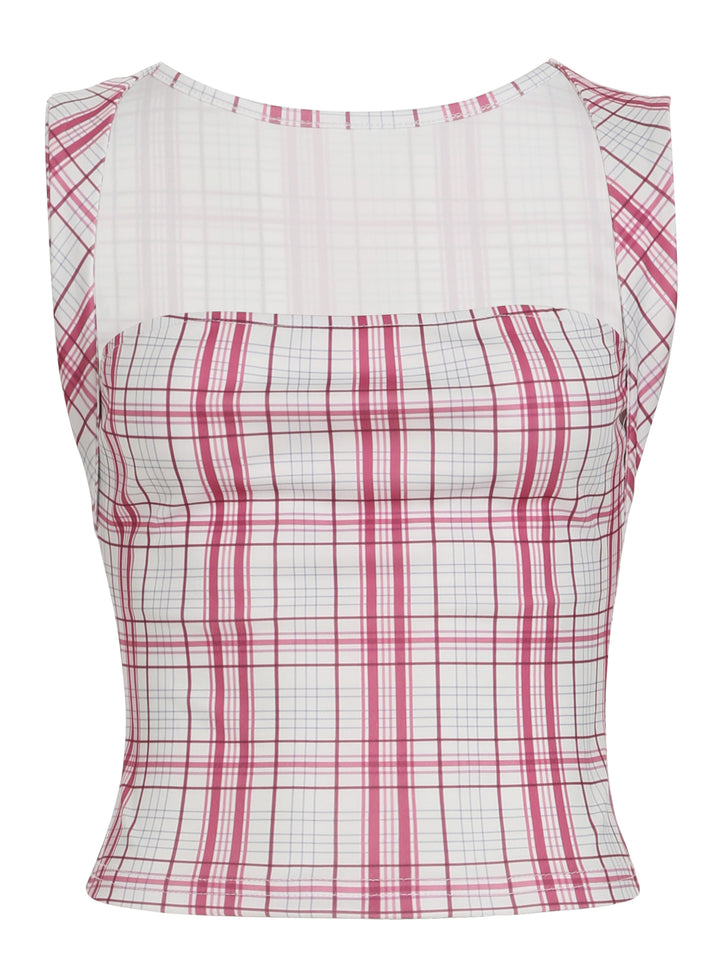 Damen figurbetontes Karo-Top mit elegantem Schnitt und transparenten Einsätzen Drune