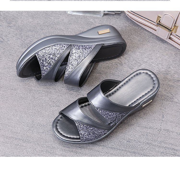 Damen modische Plateau-Sandalen mit Glitter und elastischen Riemen Drune