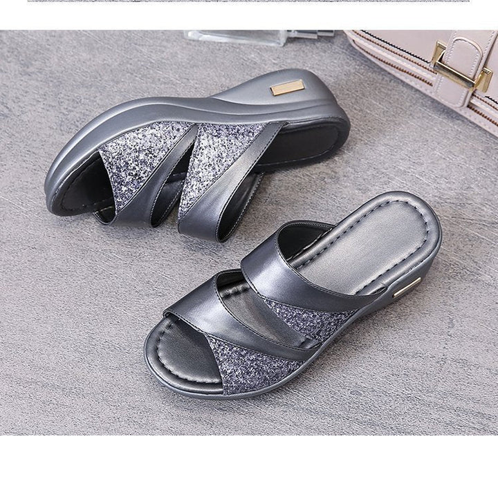 Damen modische Plateau-Sandalen mit Glitter und elastischen Riemen Drune