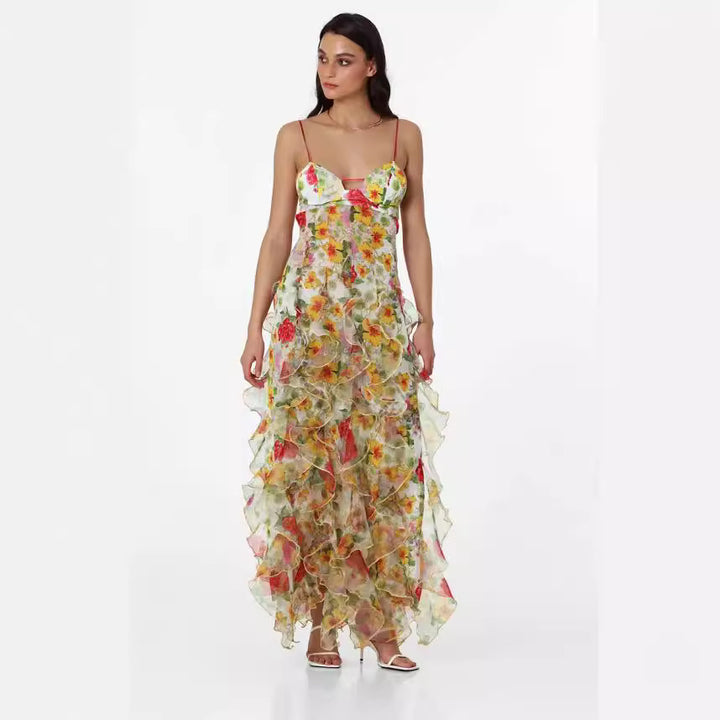 Damen Langarmkleid mit floralem Design und Rüschendetails Drune