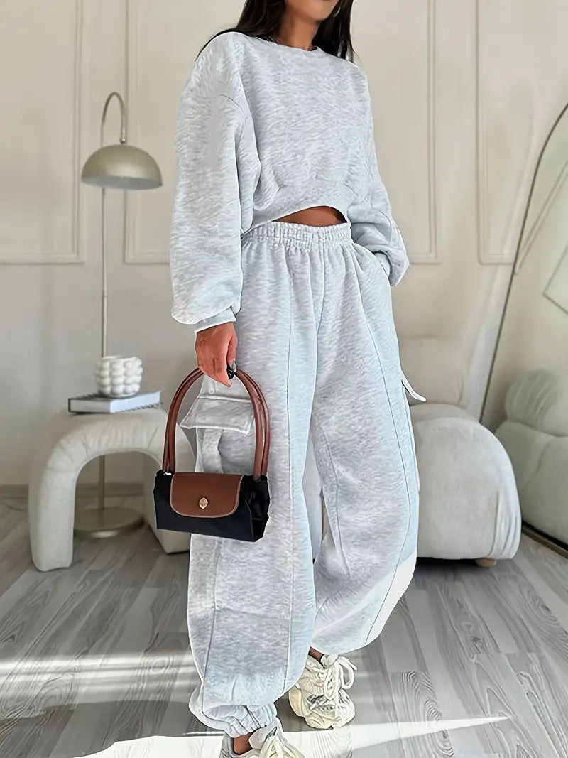 Damen Lässiges Cropped Sweater- und Jogginghosen-Set Drune
