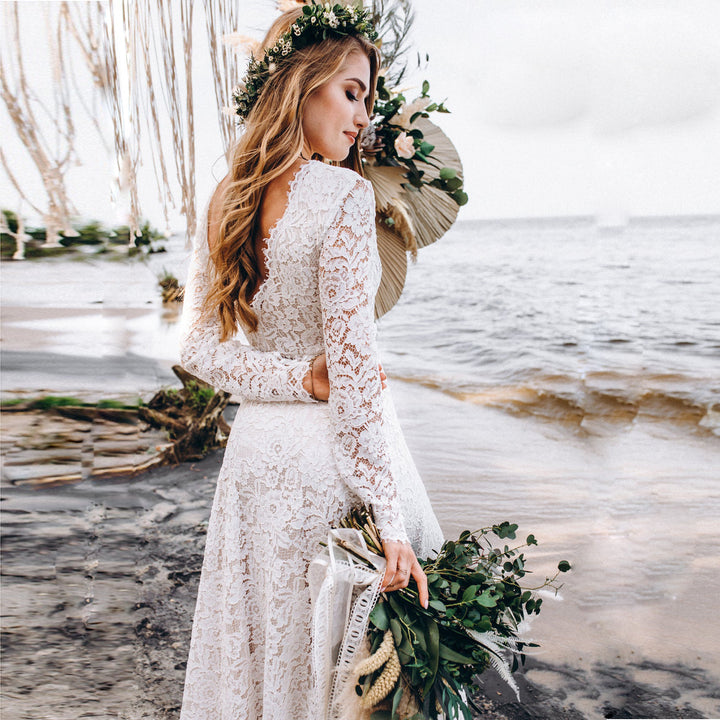 Damen Spitze Boho Hochzeitskleid Drune