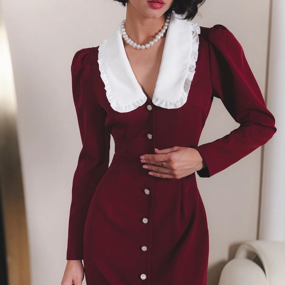 Damen Elegantes Maxikleid mit kontrastierendem Kragen und Knopfdetails Drune