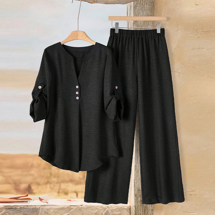 Damen lässiges Zweiteiler-Set mit Knopfdetails Drune