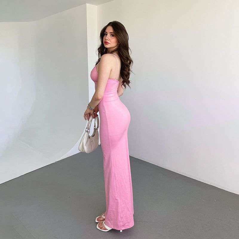 Damen figurbetontes Langkleid mit Spaghettiträgern und elegantem Ausschnitt Drune