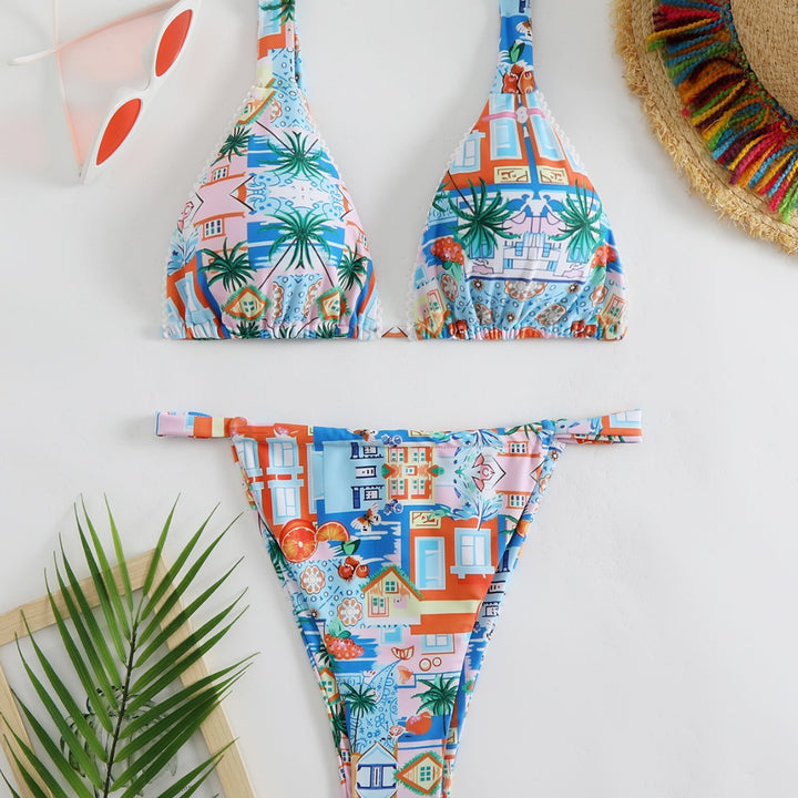 Damen Bikini-Set mit fröhlichem Stadtmotiv und hoch geschnittenem Höschen Drune