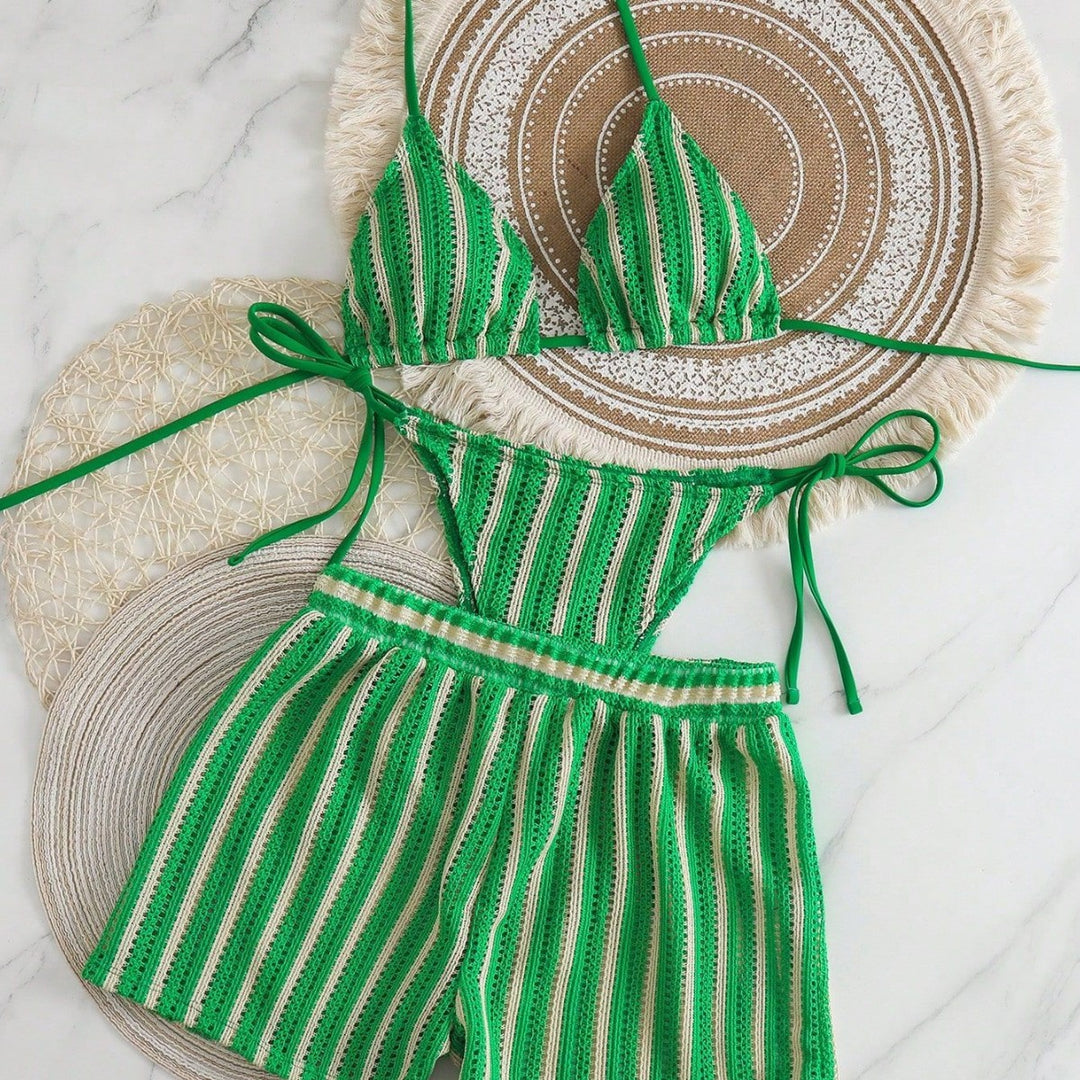 Damen Bikinikombination mit gestreiftem Design und lässigen Shorts Drune