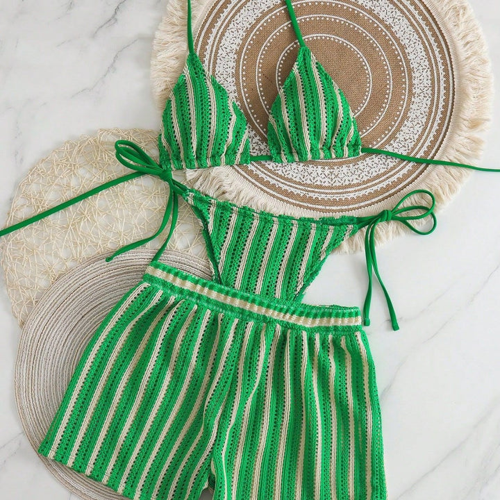 Damen Bikinikombination mit gestreiftem Design und lässigen Shorts Drune