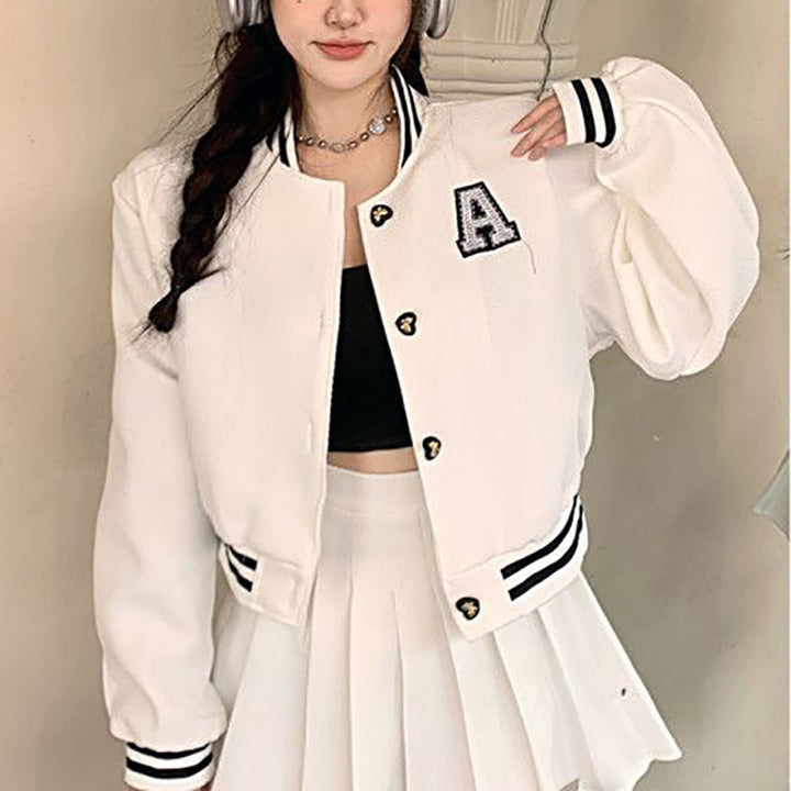 Damen Collegejacke mit gesticktem Emblem und kontrastierenden Aufnähern Drune
