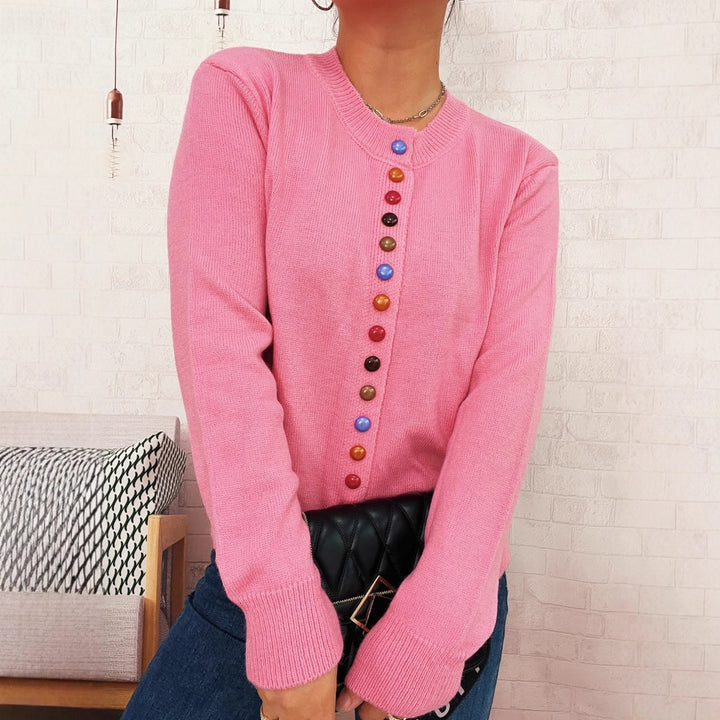 Damen stilvolle Strickjacke mit bunten Knöpfen Drune