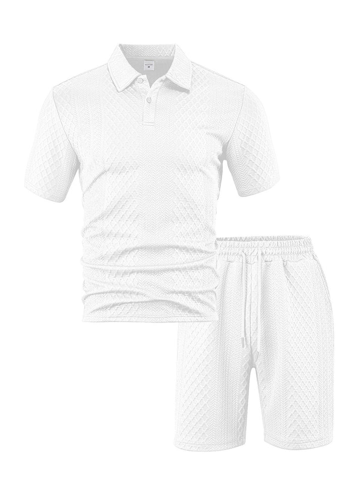Herren nan eleganter Freizeit-Zweiteiler aus geprägtem Strick mit Polokragen Kurzarmshirt und Tunnelzug-Bermuda Drune