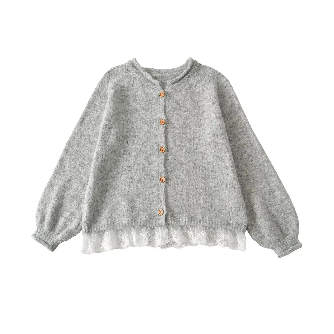 Damen Elegante Strickjacke mit Spitzenbesatz und Knopfdetails Drune