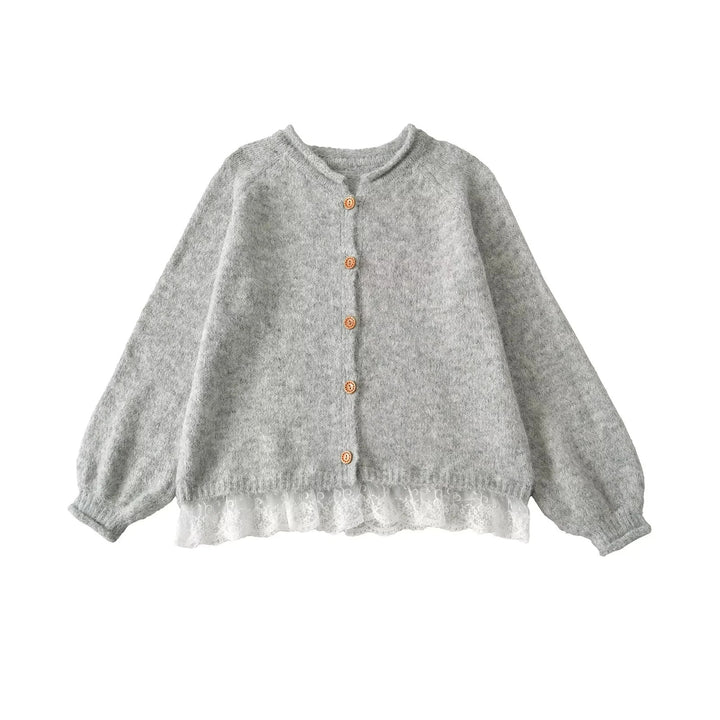 Damen Elegante Strickjacke mit Spitzenbesatz und Knopfdetails Drune