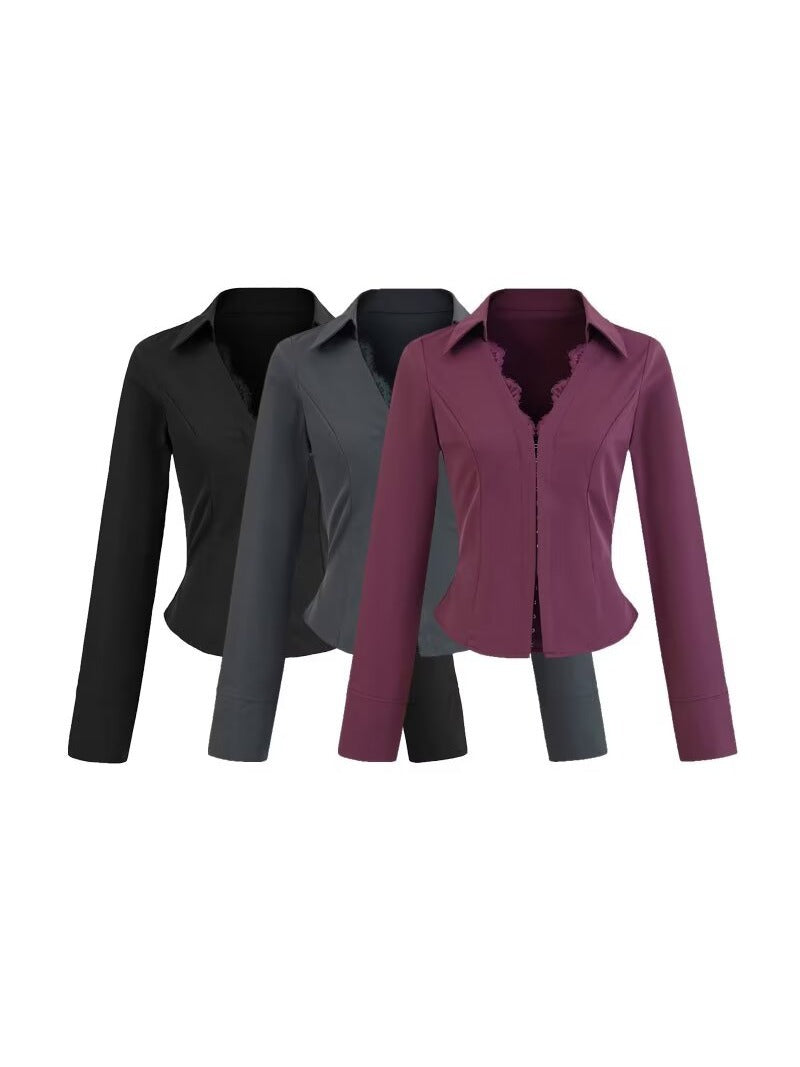 Damen figurbetonte Blazerjacke mit Spitzenbesatz Drune