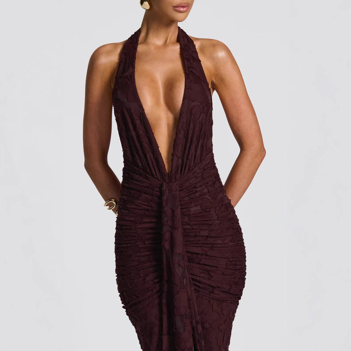 Damen Glamouröses Abendkleid mit tiefem V-Ausschnitt und geraffter Textur Drune