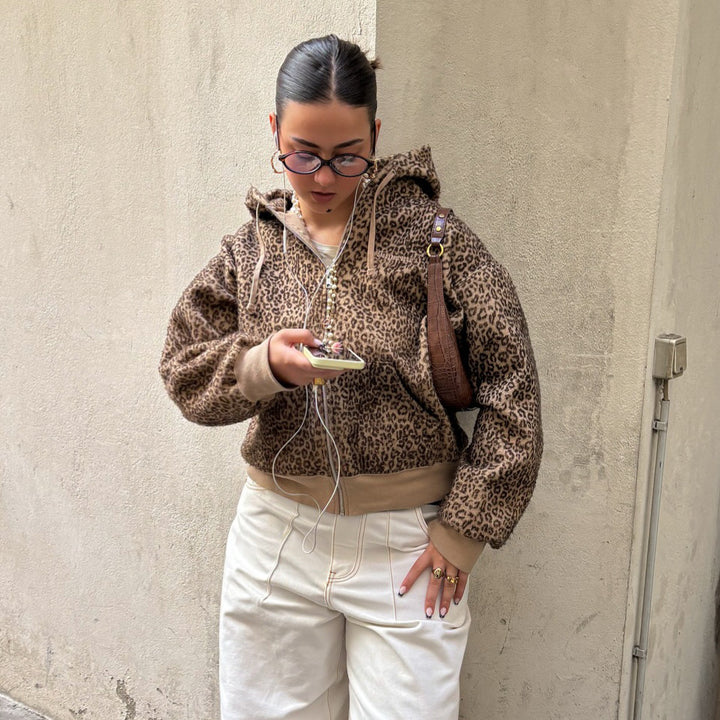 Damen Oversized Kapuzenpullover mit Leopardenmuster Drune