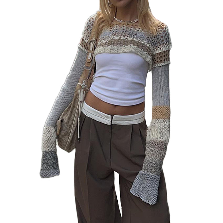 Damen gehäkeltes Crop-Top mit langem Arm und bunten Streifen Drune