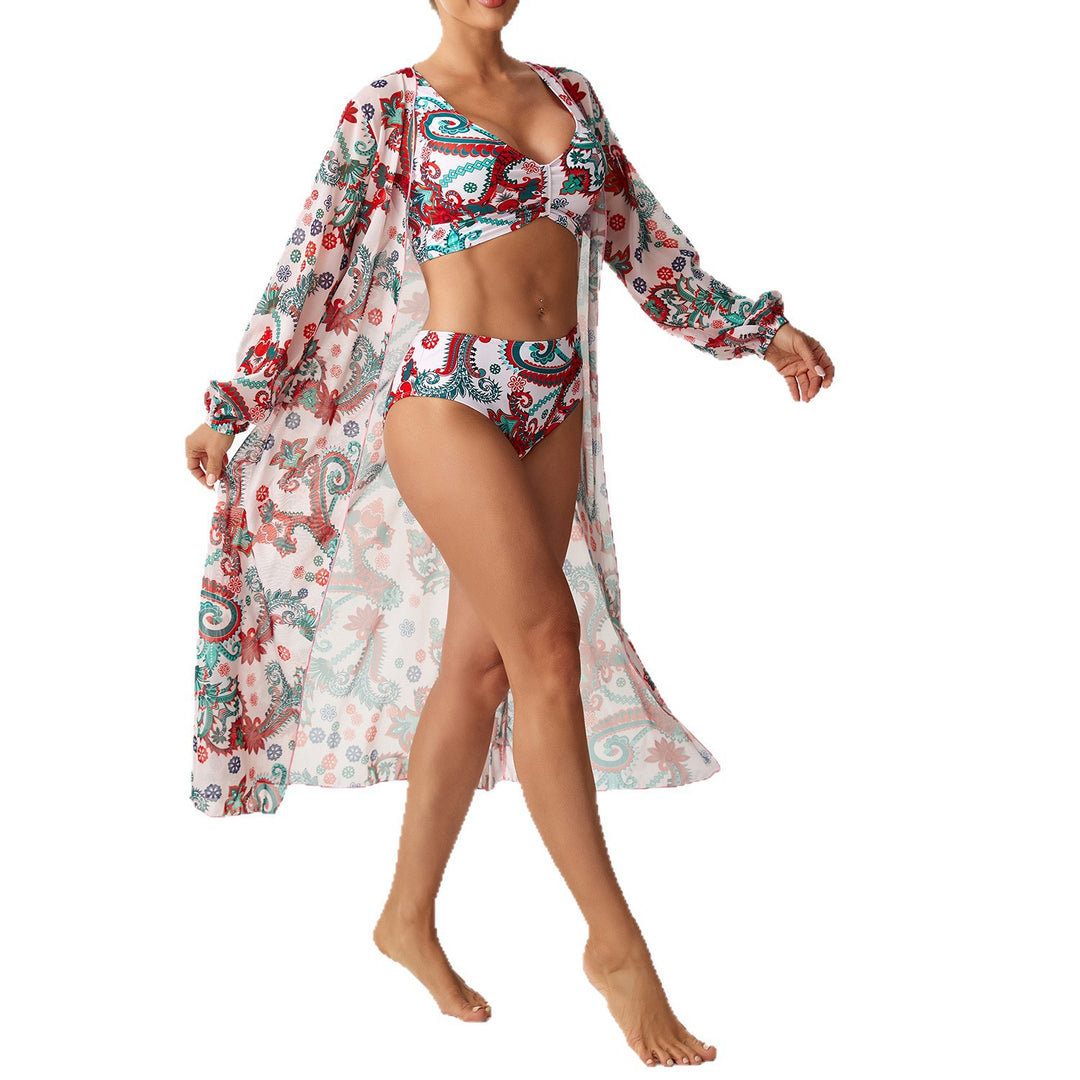 Damen Florales Strandoutfit mit transparentem Kaftan Drune