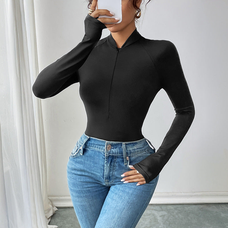 Damen Langarmshirt mit Reißverschluss und tiefem V-Ausschnitt Drune