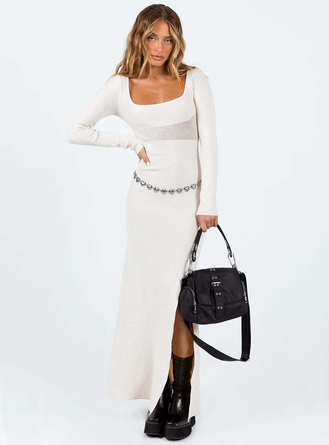 Damen figurbetontes Maxikleid mit elegantem Schlitz und langem Arm Drune