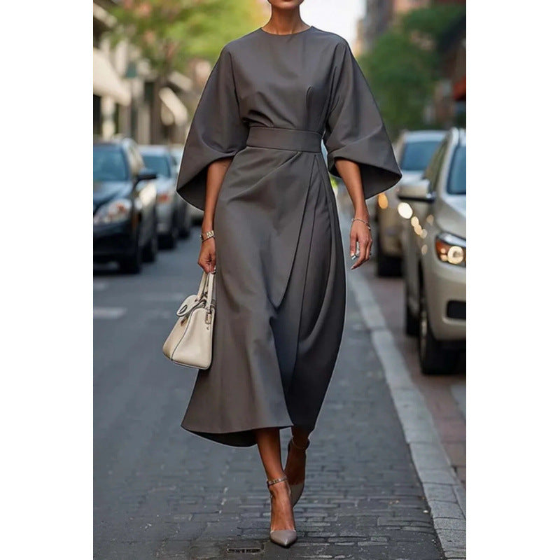 Damen Elegantes Maxikleid mit weiten Ärmeln und tailliertem Gürtel Drune