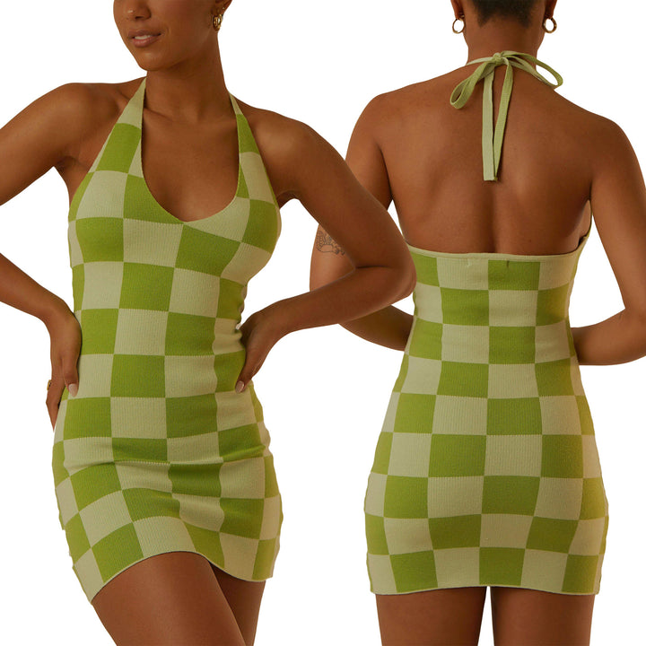 Damen enganliegendes Karomuster-Kleid mit tiefem V-Ausschnitt Drune