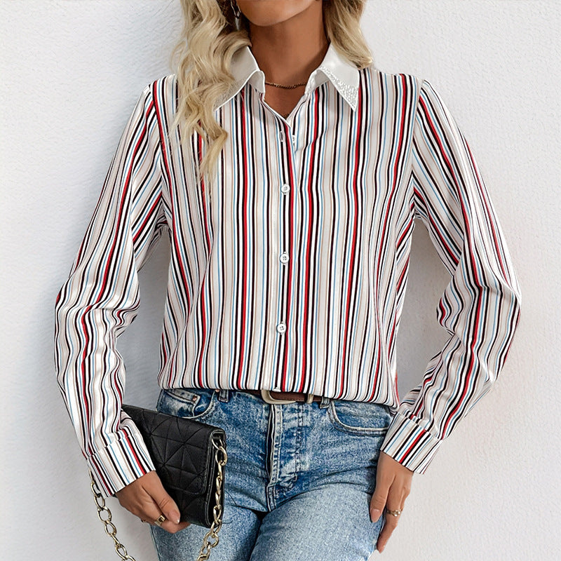Damen Hemdbluse mit modischem Streifenmuster und eleganter Kragenverzierung Drune