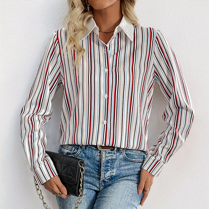 Damen Hemdbluse mit modischem Streifenmuster und eleganter Kragenverzierung Drune