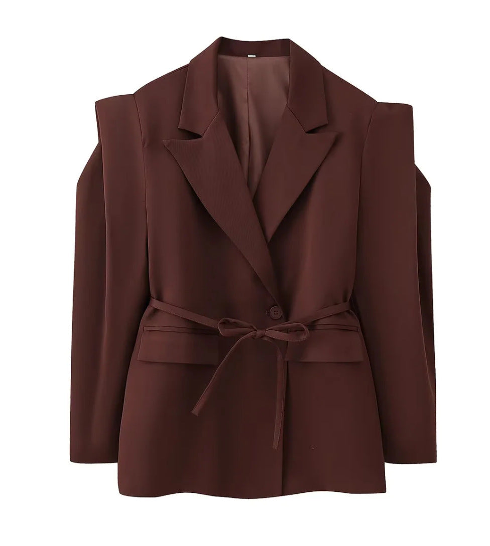 Damen elegante Blazerjacke mit tailliertem Schnitt und Bindegürtel Drune