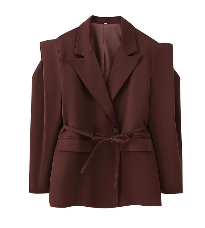 Damen nan taillierter Blazer mit Bindegürtel, Reverskragen und Schulterpolstern Drune