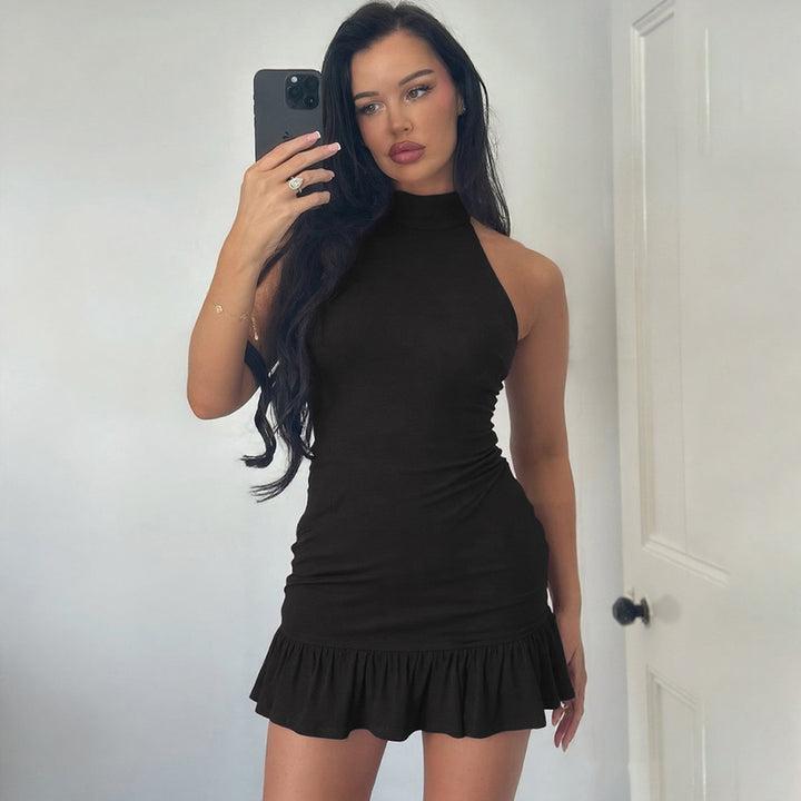 Damen Kleid mit hohem Kragen und Rüschenabschluss Drune