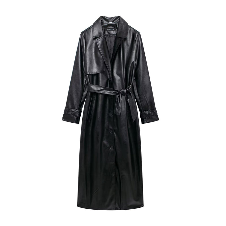 Damen Doppelreihiger Trenchcoat aus Kunstleder mit Gürtel Drune