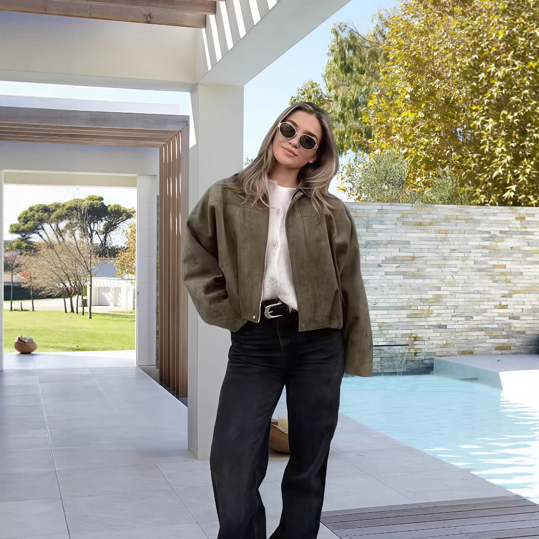 Damen Oversized Freizeitjacke aus hochwertigem Wildlederimitat mit dekorativen Details Drune