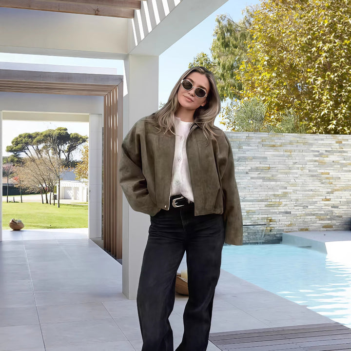 Damen Oversized Freizeitjacke aus hochwertigem Wildlederimitat mit dekorativen Details Drune