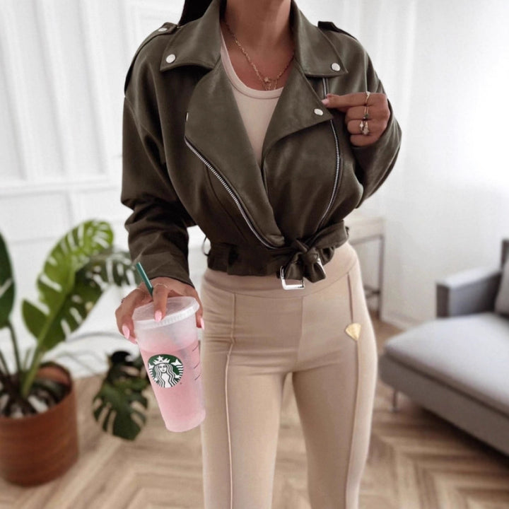 Damen Lässige Übergangsjacke im Biker-Stil mit Taillengürtel Drune