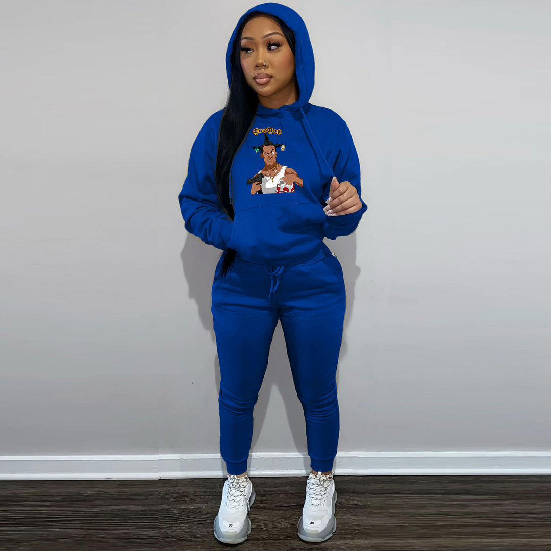 Damen lässiges Hoodie- und Jogginghose-Set mit künstlerischem Grafikdruck Drune