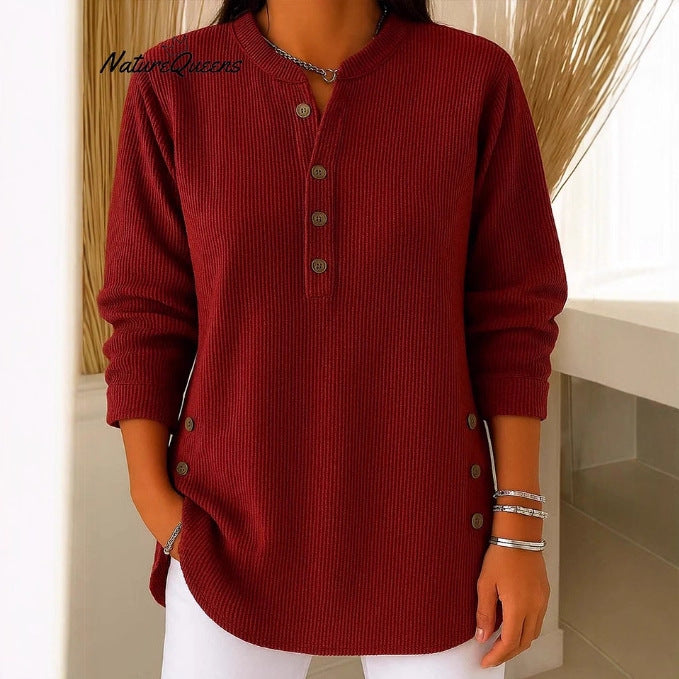 Damen Langarmshirt mit Knopfleiste und modernen Seitenknopfdetails Drune
