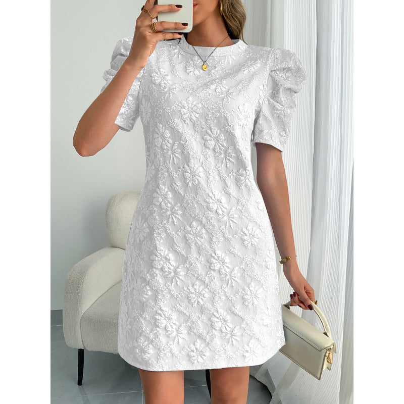 Damen Kurzarmkleid mit voluminiösen Ärmeln und floralen Stickereien Drune