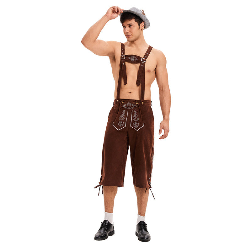 Herren nan traditionelle kurze Trachtenlederhose mit bestickten verstellbaren Hosenträgern Drune