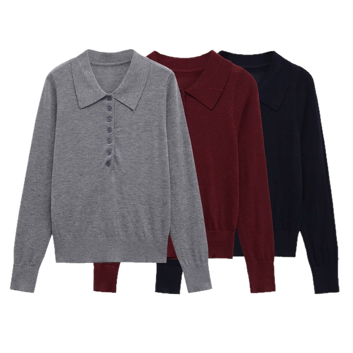 Damen Langarm-Pullover mit Polo-Kragen und knöpfbarem Ausschnitt Drune