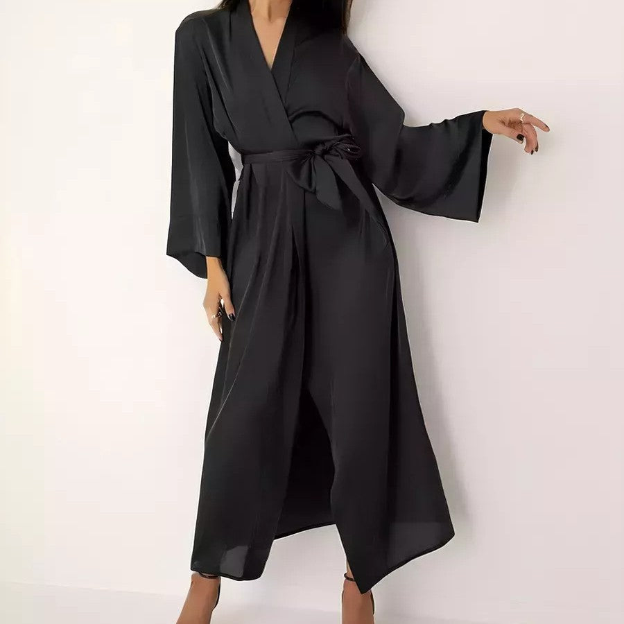 Damen eleganter Morgenmantel aus fließendem Stoff mit Gürtel und weitem Schnitt Drune