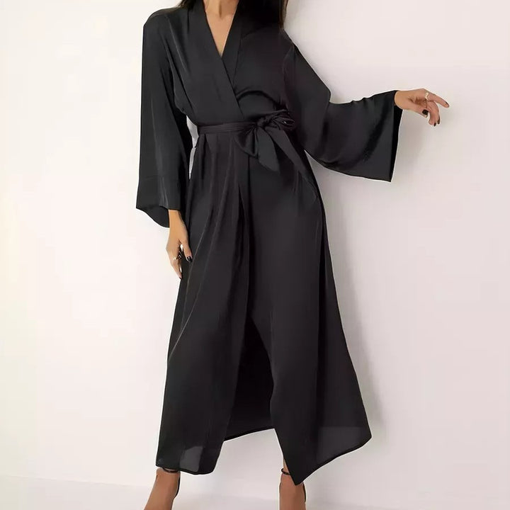 Damen eleganter Morgenmantel aus fließendem Stoff mit Gürtel und weitem Schnitt Drune