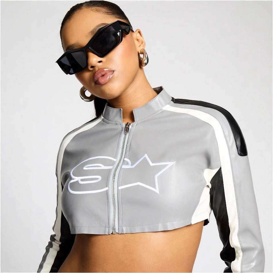 Damen cropped Sportjacke mit stylischem Reißverschluss und kontrastierenden Streifen Drune