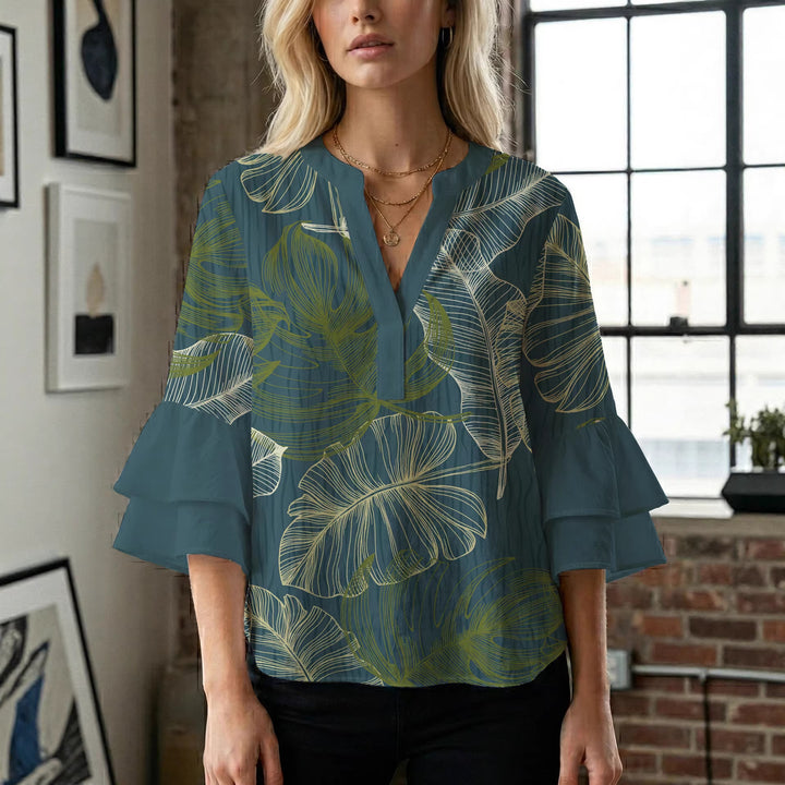 Damen Bluse mit voluminösen Rüschenärmeln und floralem Druck Drune
