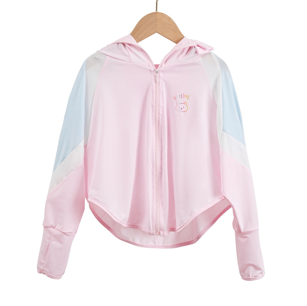 Unisex nan ultraleichte Kinder-Sonnenschutzjacke mit Kapuze, Reißverschluss, Meshfutter und Bärenstickerei  Drune