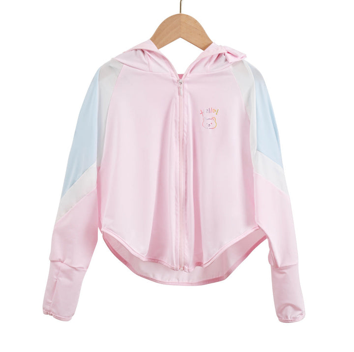 Unisex nan ultraleichte Kinder-Sonnenschutzjacke mit Kapuze, Reißverschluss, Meshfutter und Bärenstickerei  Drune