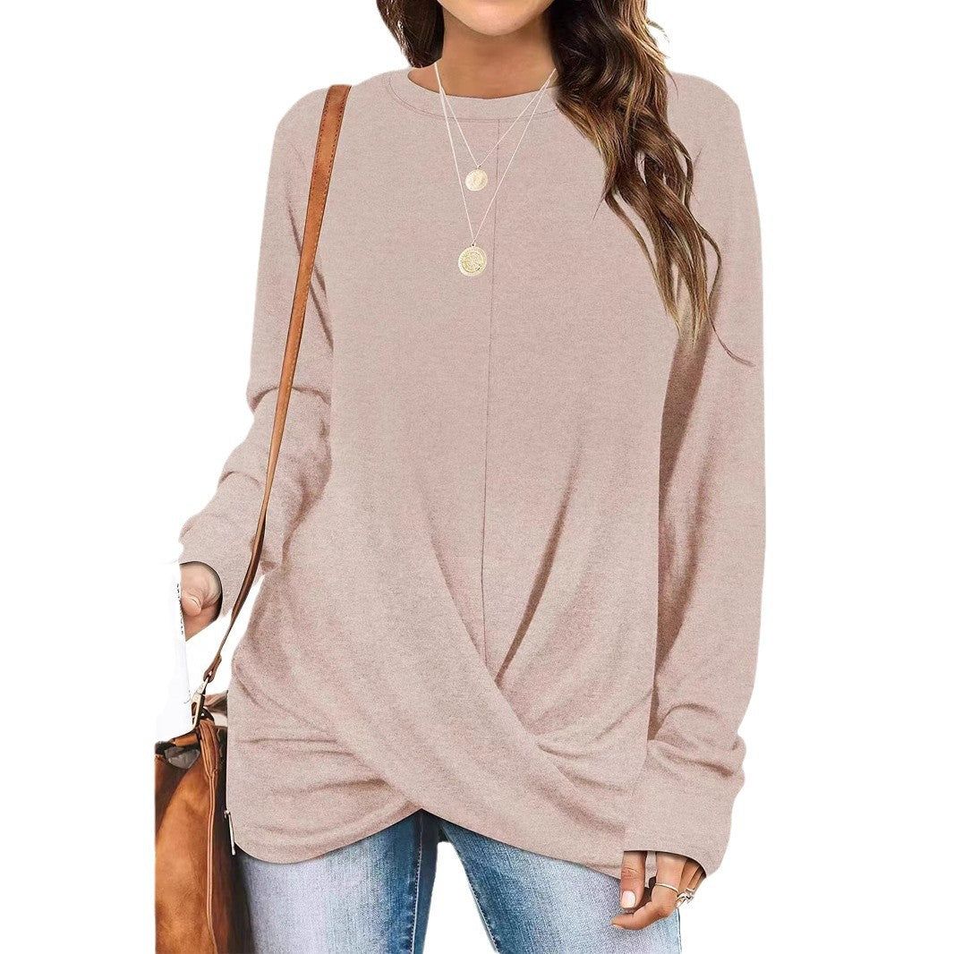 Damen lässiges Longsleeve Oberteil mit Wickeloptik und Rundhalsausschnitt Drune