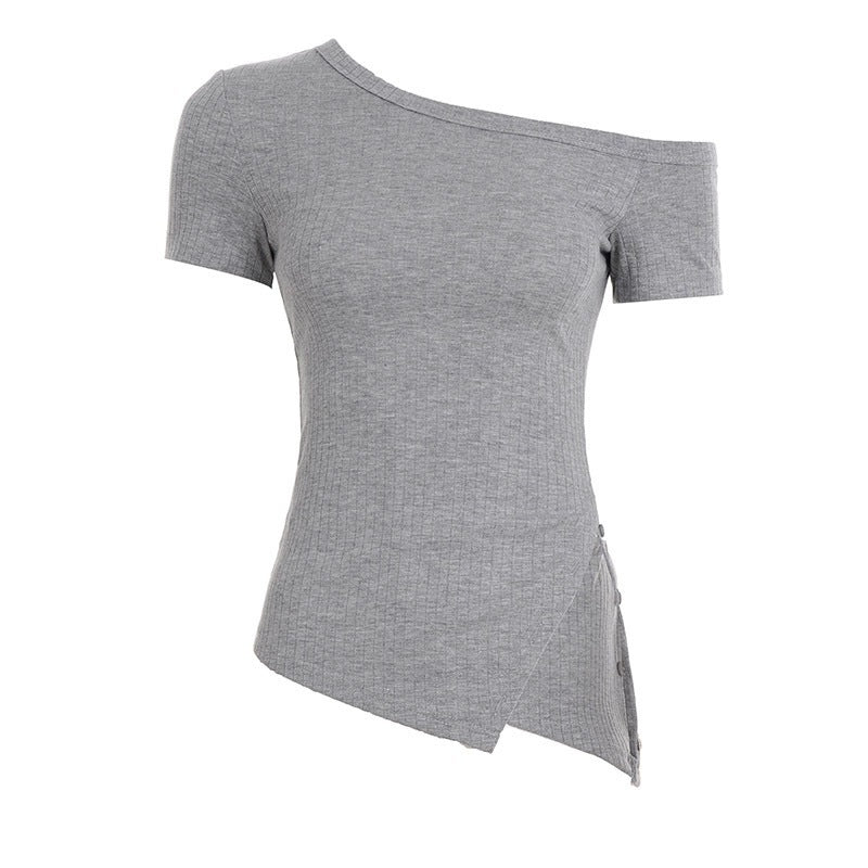 Damen asymmetrisches Kurzarm-Oberteil mit Knopfdetails und einzigartigem Schnitt Drune